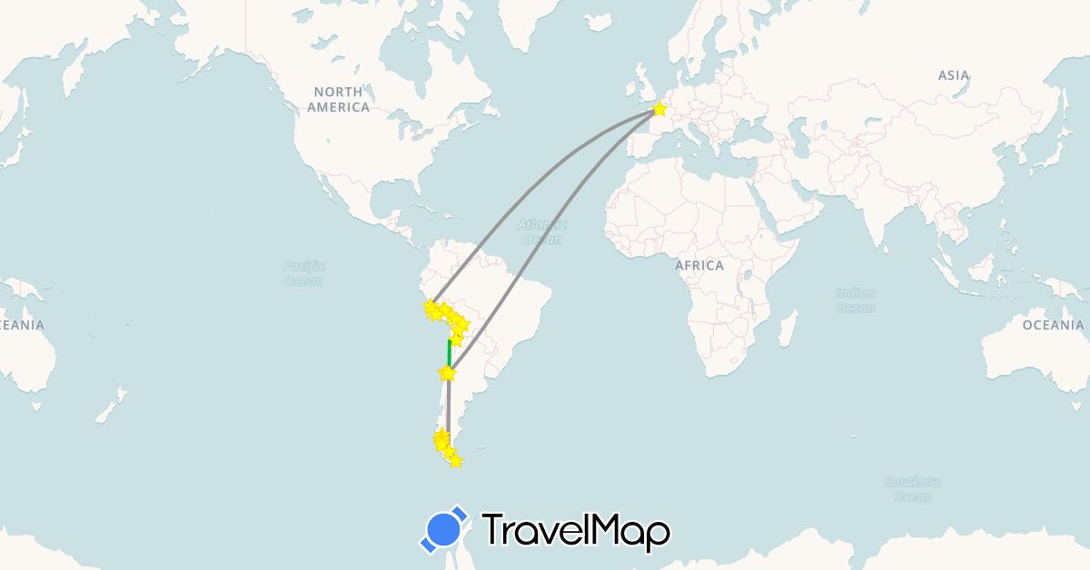 TravelMap itinerary: driving, bus, plane, cycling, train, hiking, boat in Argentina, Bolivia, Chile, France, Peru (Europe, South America)