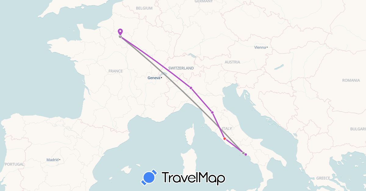 TravelMap itinerary: driving, plane, train, hiking in France, Italy, Vatican City (Europe)