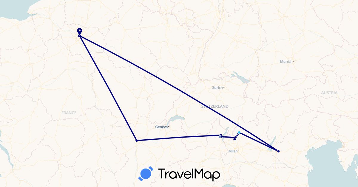 TravelMap itinerary: driving, cycling, boat in France, Italy (Europe)