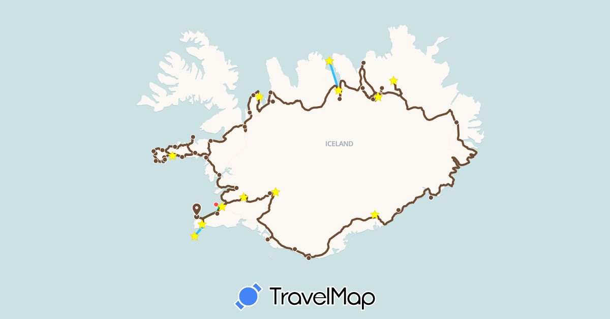 TravelMap itinerary: bus, plane, hiking, boat, 4x4 in Iceland (Europe)